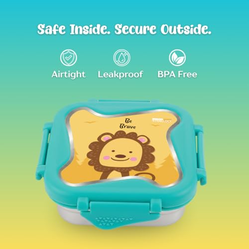 Image of STEELLOCK Smart Kids Stainless Steel Lunch Box, Leakproof & Airtight Tiffin Box for School Boys & Girls, BPA Free Food Grade with 4-Side Clip Lock | 360 ML | Turquoise, 3D /UV Print Lion