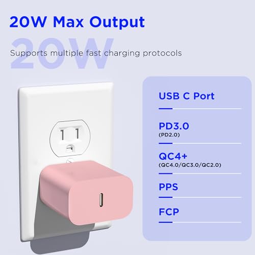 Image of iPhone 17 16 15 Charger Fast Charging,2Pack 20W Apple iPad USB C Wall Chrager Block with 6FT USB C to C Cable for iPhone 17 /Pro /Pro Max /17 Air / 16 /16 Pro /16 Pro Max /15 /Plus /Pro /Pro Max (Pink)