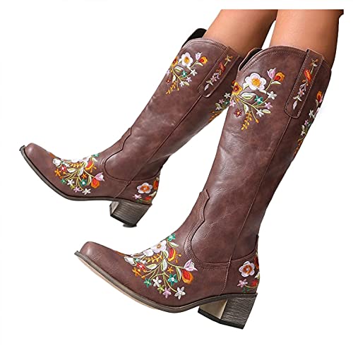 Hbeylia Cowboy Boots For Women Vintage Ethnic Western Cowgirls Boots Flower Embroidered Pointed Toe Chunky Heels Mid Calf Knight Riding Boots Boho Retro Winter Fall Dress Tall Boots For Ladies