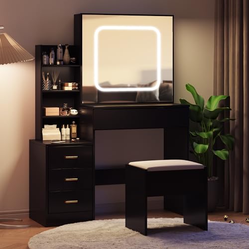 Vanity Desk with Sliding Mirror and Lights, Makeup Vanity Set with 4 Drawers, Stool, Power Outlet, Open Shelves, 3 Color Adjustable Lighting Modes, Makeup Dressing Table for Bedroom, Black