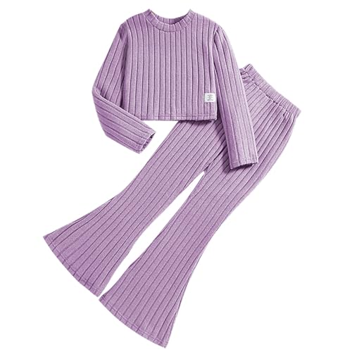 Kids Girls Ribbed Knit Crop Pullover Solid Color Long Sleeve Crew Neck Sweater Slim Flared Trousers Clothes Sets