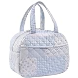 WOBAGMEN Quilted Lunch Box for Women,Insulated Cute Reusable Lunch Bag with Front Pocket,Pink Flower Stylish Lunch Tote Bag for Work, Office,Picnic, Travel,School (green blue pin)