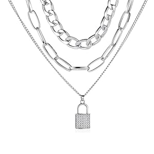 Vembley Stylish Silver Triple Layered Chunky Chain Studded Lock Pendant Necklace for Women and Girls 9 41Lwi22Wd8L. SL500 . SS300