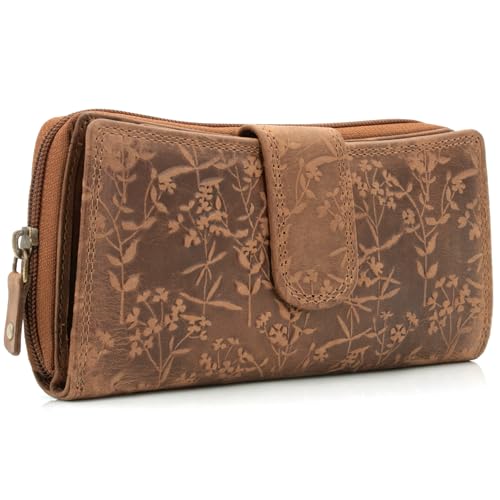 ekavale Damen Portemonnaie XL aus Echtleder mit RFID-Schutz | Große Geldbörse & Geldbeutel mit Blumenmotiv | Elegante Brieftasche für Alltag & Reise (Braun)