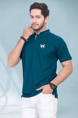 Image of BAGHADBILLO Men's and Boy's Polyster T-Shirt with Mandarin Collared Neck Half Sleeves Closuer Button and Regular Fit | Polo t Shirt for Man