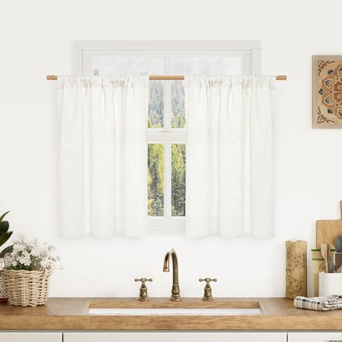 Image of LAMIT Natural Short Linen Curtains 30 Inch Length for Kitchen Small Windows