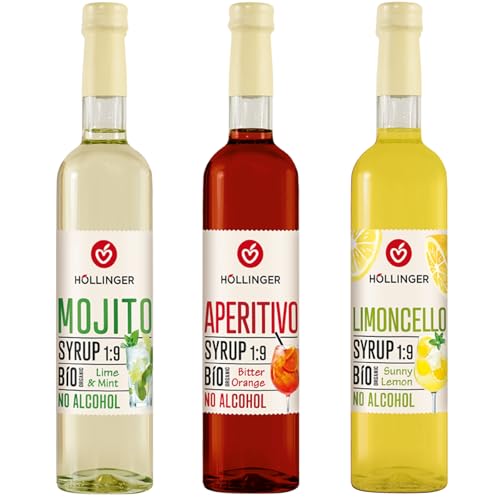 Höllinger Lot de 3 Sirops Bio Sans Alcool, Mojito Citron Vert & Menthe, Aperitivo Orange Amère, Limoncello Citron, 500ml Chacun, Ratio 1:9