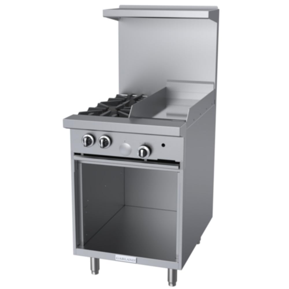 Garland G24-2G12S G Starfire Pro Series Gas Restaurant Range 24"W with (2) 33,000 BTU Open Burners, (1) 12" Griddle & Storage Base