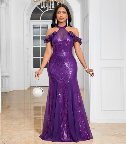 Image of Cololura Women Sexy Sequin Halter Neck Short Sleeve Mesh Perspective Party Bodycon Evening Cocktail Maxi Dress