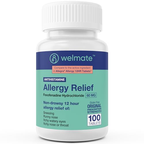 WELMATE - Fexofenadine Hydrochloride 60mg (100 Tablets) - Non Drowsy Allergy Medicine - 12 Hours - Antihistamine - Nose, Eyes, Throat - Generic Allergy Pills - Gluten Free, Over-the-Counter Medication