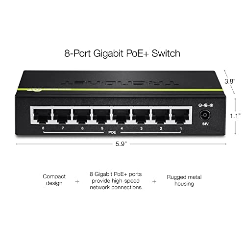 Image of TRENDnet 8-Port Gigabit PoE+ Switch, TPE-TG80G, 8 x Gigabit PoE+ Ports, 123W PoE Power Budget, 16 Gbps, Ethernet Splitter, NDAA & TAA Compliant, Metal, Lifetime Protection, Black