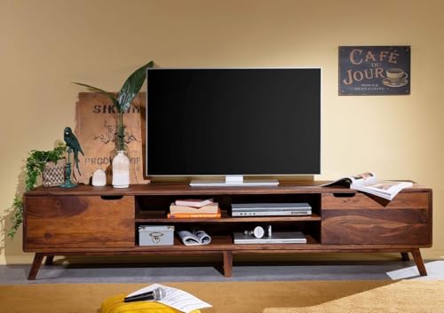 Image of Solid Wood TV Unit for Living Room 65 Inch Furniture - Wooden TV Unit with Storage Cabinet with 2 Door, 2 Open Shelves Wooden TV Cabinet for Living Room - Fits up to 65-Inch TV (Jasper)