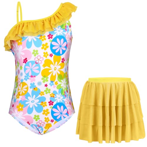 Girls One-Piece Swimsuits with Mesh Skirt Floral Ruffle One Shoulder Bathing Suit Swimwear 5-12Y
