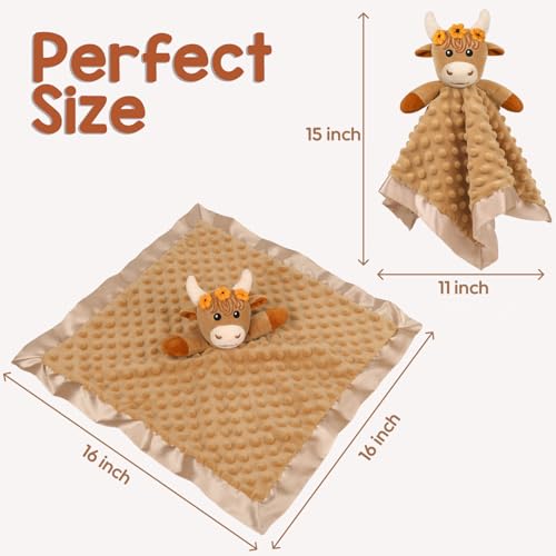 Image of Baby Security Blanket, Soft Baby Lovey Toy Blanket for Girls, Snuggle Toy Lovie Newborn Gift, 2PCS Babies Blankie Girl Highland Cow 16 Inch