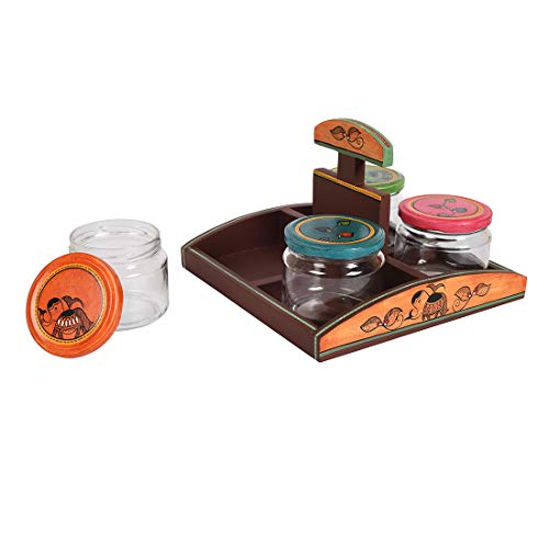 Image of AAKRITI ART CREATIONS Snacks & Cookies Glass Jars Set of 4 | Handcrafted Madhubani Art Storage Set | Natural Brown Matte Finish | Kitchen Jars with Wooden Tray | Dining Table & Kitchen Organizer
