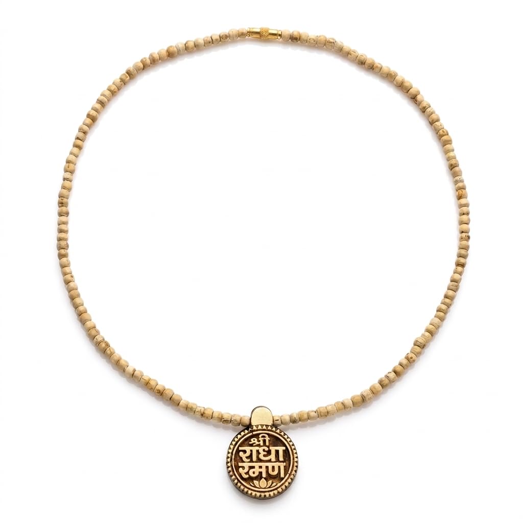 Shri Radha Raman Pendant Necklace with Cream Beaded Jaap Mala, Devotional Prayer Beads-image-29