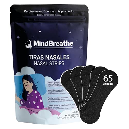 MindBreathe™ Pack 65 Tiras Nasales Negras (Nasal Strips) | Antironquidos y Alivio de Congestión Nasal | Mejora la Respiración al Dormir o Entrenar | Tiras Nasales Deportivas para Nariz y Ronquidos