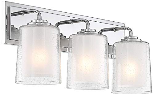 Image of Possini Euro Design Mabelle Modern Wall Light Chrome Silver Hardwired 22 1 /2 inch Wide 3-Light Fixture Mounted Clear Seedy Outer Frosted Glass Inner Bathroom Vanity Mirror House Home Hallway Room Decor