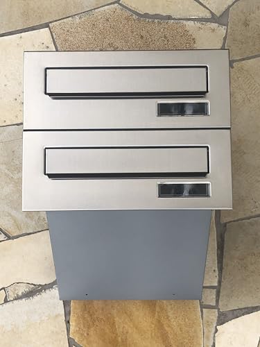 ALSTEN TECH 2er Zweifach Mauerdurchwurf Briefkasten für Mehrfamilienhaus oder Büro - Briefkastenanlage zum Einmauern für 2 Familienhaus 2fach Einbaubriefkasten Silber + Edelstahl V2A Rostfrei