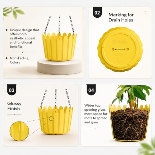 Image of YUCCABE ITALIA SHERA Hanging Fence 8 INCH Planter Pot Plastic Flower Hanging Pots for Home Decoration Sutiable for Indoor and Outdoor (Yellow, Pack of 12)