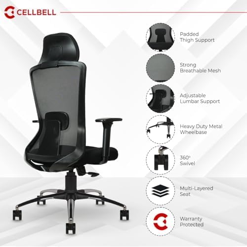Image of CELLBELL Ergoglide Office Chair High Back Mesh Ergonomic Backrest Design | Tilt Mechanism, Computer, Desk Chair, Work from Home Chair Built-in Adjustable Lumbar Support & Armrest Smooth Glide, Black