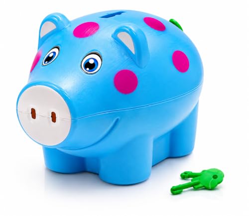 Image of Piggy Bank for Kids with Lock & 2 Keys - Pig-Shaped Polka Dot Coin Bank for Boys & Girls | BIS Certified Plastic Gullak | Money Saving Bank Gift Toddlers 3+ Years | Made in India (Blue)