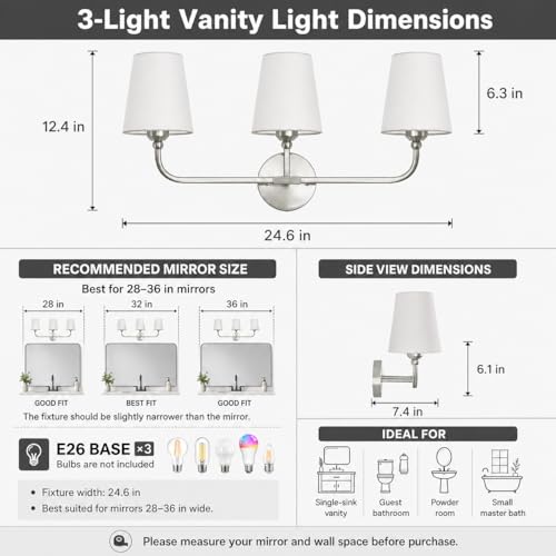 Image of Bathroom Vanity Light Brushed Nickel Bathroom Lighting Fixtures Over Mirror | 3-Light Bathroom Light Fixtures with Flared White Fabric Shade, E26 Socket (ETL Listed)