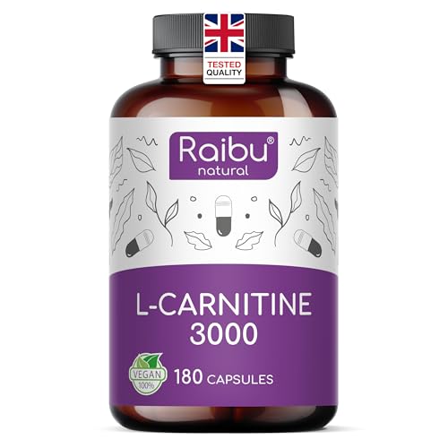 L-Carnitine 3000-180 High-Strength Capsules - L-Carnitine Tartrate 3000mg per Daily Dose - Energy & Metabolism Support - Vegan, Natural & Laboratory Tested - Raibu