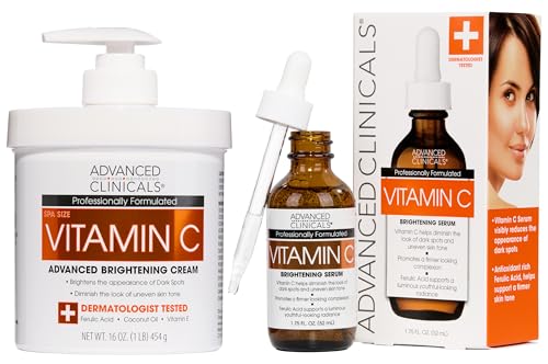 Advanced Clinicals Vitamin C Cream + Vitamin C Serum 2PC Skincare Set | Brightening Body Lotion & Facial Serum For Women & Men Helps Diminish Appearance Of Dark Spots, Wrinkles, & Uneven Skin Tone