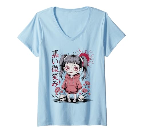 Mujer Goth Kawaii espeluznante muñeca japonesa Kanji Diseño Horror Anime Camiseta Cuello V