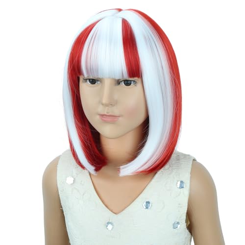 Image of PATTNIUM White and Red Bob Wig for Kids Girls Short Straight Wig with Bangs Cosplay Party Synthetic Rose Net Daily Wear Wig