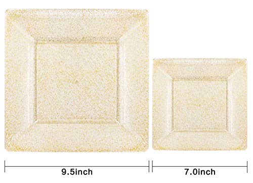 Liacere 60Pieces Gold Glitter Plastic Plates - Premium Gold Square Disposable Plates - Include 30PCS 9.5inch Gold Dinner Plates - 30PCS 7inch Gold Dessert/Salad Plates for Party&Wedding&Thanksgiving