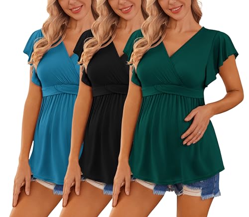 Image of Ekouaer Maternity Shirts 3 Packs Flying Short Sleeve Nursing Tops Pregnancy Clothes