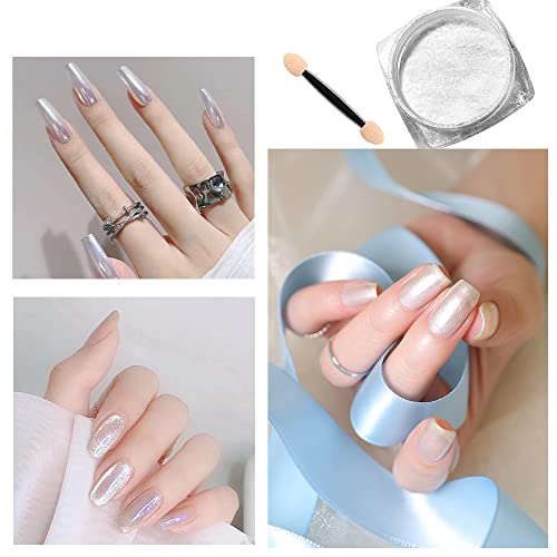White Pearl Chrome Nail Powder, Mirror Effect Pearlescent White Nail Art Jewelry Glitter Powder Metallic Pigment For Nails, Magic Nail Powder Fine & Shiny Holographic Ice Aurora Dust Nail Powder #TOP1