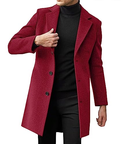 SOMTHRON Men's Casual Trench Coat Notched Lapel Mid Length Jacket Overcoat Single Breasted Winter Warm Pea Coat
