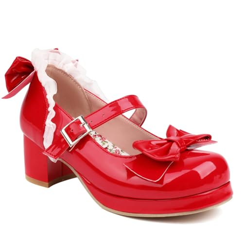 KysBloes Women Kawaii Shoes Sweet Mary Janes Platform Lace Cute Pumps Mid Block Heel Buckle Pumps with Bow3