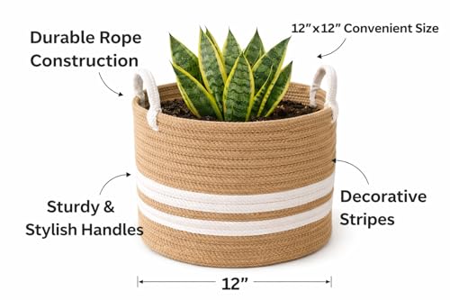 Image of RUGSZONE Jute & Cotton Big Size Basket for Storage, Clothes, Kitchen (1 Piece with Handle, Beige-White, 35x30 cm) - Round Woven Handcrafted Basket for Toys, Wardrobe, Plants (Medium 12x12)