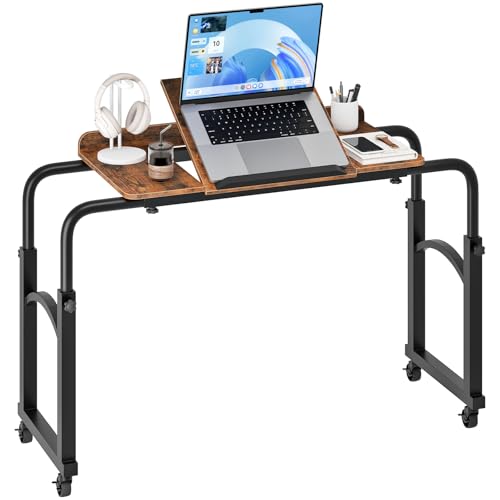 HOOBRO Mesa Auxiliar Móvil para Cama, con Longitud y Altura Ajustables, con Borde Frontal de Protección, para Sillón Individual, Cama Individual, Dormitorio y Oficina, Marrón Rústico y Negro EBF84DN01