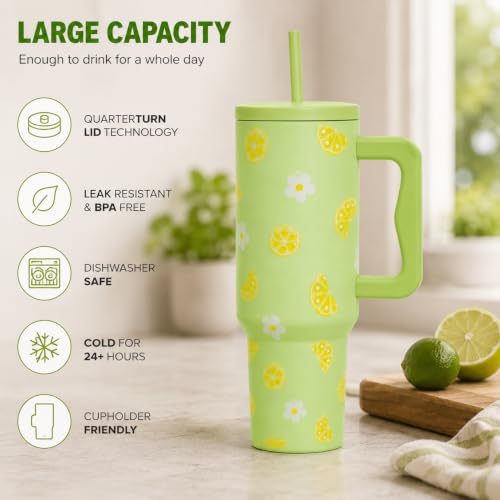 Image of CYNVEXA Tumbler with lid and Straw 1200ML Cup Stainless Steel Vacuum Insulated Tumbler for Water, Iced Tea or Coffee 1.2L Office Gym Travelling (Lemon Flower)