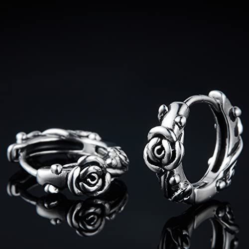 Retro Vintage Stainless Steel Rose Flower Style Wedding Statement Party Holiday Hoop Earrings (Silver) #TOP3