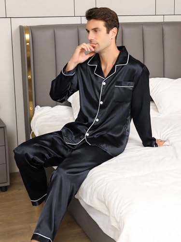 Satin Silky Men's Pajama Sets Long Sleeve Classic Sleepwear with Pockets Long Pants Lounge Set Pj Set Loungewear2