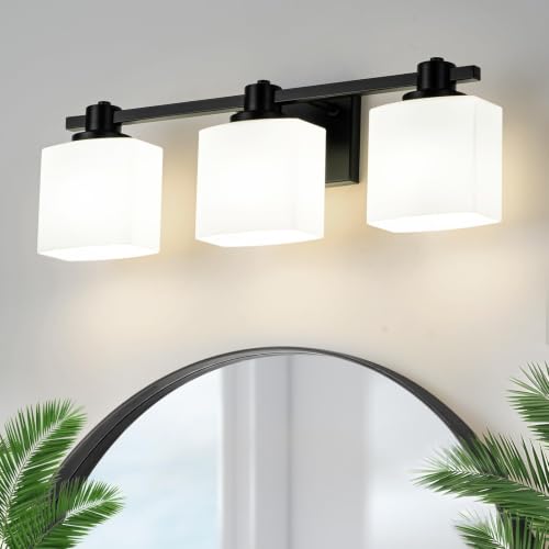Image of 23 Inch Black Bathroom Light Fixtures over Mirror 3 Light Matte Black Vanity Light Milk Glass Makeup Shower Lamp Small Farmhouse Wall Sconce Modern Desk Vintage Rustic Bath above Sink Lighting