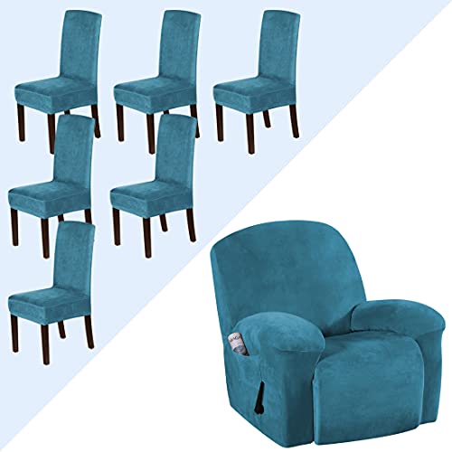 H.versailtex Recliner Chair Cover Velvet Plush 1-Piece Bundle Dining Room Chair Slipcovers Set Of 6, Peacock Blue #TOP21