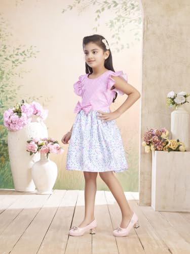 Image of Aarika Girls Casual Wear Firozi Colour Polka DotFloral Print Cotton Blend Frock