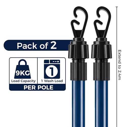 Telescopic Washing Line Prop Pole Clothesline Heavy Duty Home Garden Washing Line Dry Clothes Drying Airer Support Clothes Line Pole Galvanised Laundry Washing Line Poles Extenedable to 2.4M Pack of 2 - 2