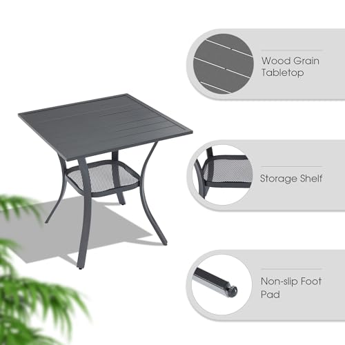 Image of VICLLAX Small Patio Dining Table, 28 inchx 28 inch Square Metal Slatted Table with Storage Shelf for Front Porch Deck Lawn Garden, No Umbrella Hole, Dark Grey Tabletop