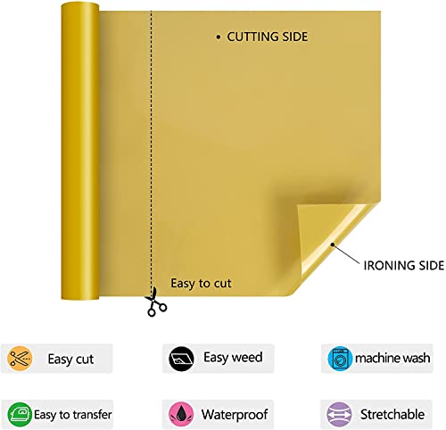Image of HTV Iron on Vinyl 12Inch by 25ft Roll HTV Heat Transfer Vinyl for T-Shirt HTV Vinyl Rolls for All Cutter Machine - Easy to Cut & Weed for Heat Vinyl Design (Golden, 25ft)