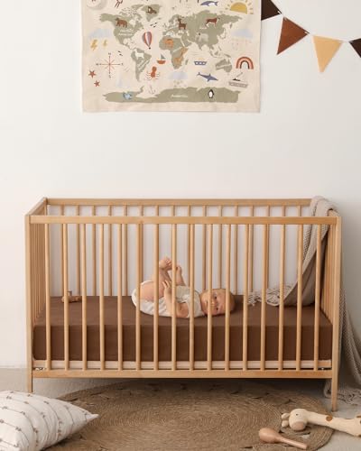Image of Blissful Diary Muslin Crib Sheets, 2 Pack, Sunshine & Brown | fitted for 52''x28'' crib mattress, soft and breathable cotton, boho style, easy care for machine wash, gift for boy and girl