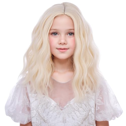 WAVELNM Light Blonde Wig for Kids Girls Short Platinum Wig Child Curly Wavy Wigs Side Part Synthetic Wigs