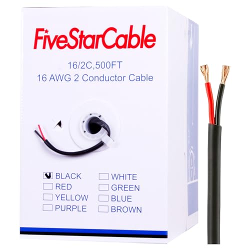 FiveStarCable 16/2 500 Ft. 2 Conductors Audio Speaker Lightning Installation High-Power Home Wiring Cable Wire (Black 16-2 500ft)